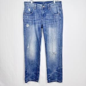 Vintage 90s Y2K London Jeans Boyfriend Straight Sz 8 Distressed Blue Denim Patch